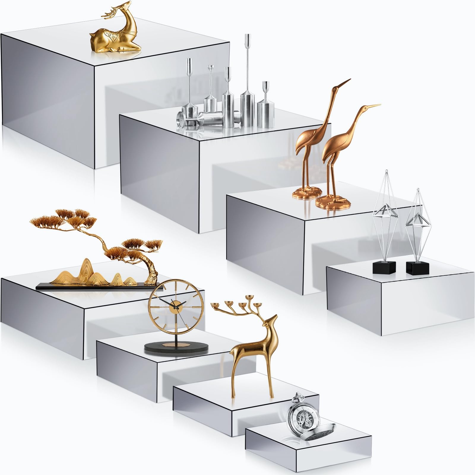 Photo 1 of Geelin 8 Pack Acrylic Cube Risers Acrylic Boxes for Food Display Decorative Stands with Hollow Bottoms for Jewelry Food Buffet Risers Display Candy Table Decor, 8 Sizes(Silver,Flat)