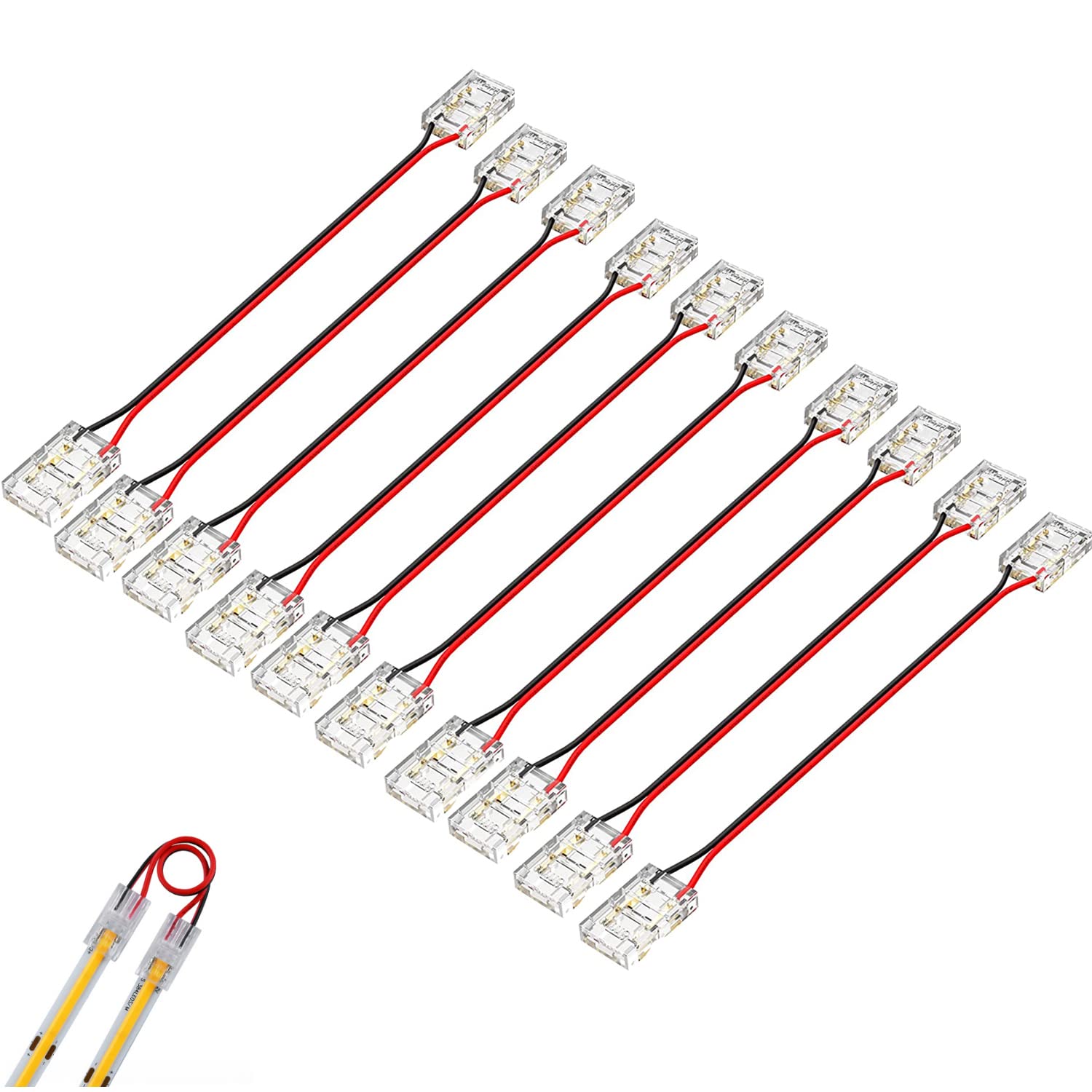 Boarda COB LED Strip Connectors, 2-Pin Solderless Connection Quick Click Connector for 5mm 8mm 10mm COB LED Light Strips (10MM, Dual Connector+15CM Cable)