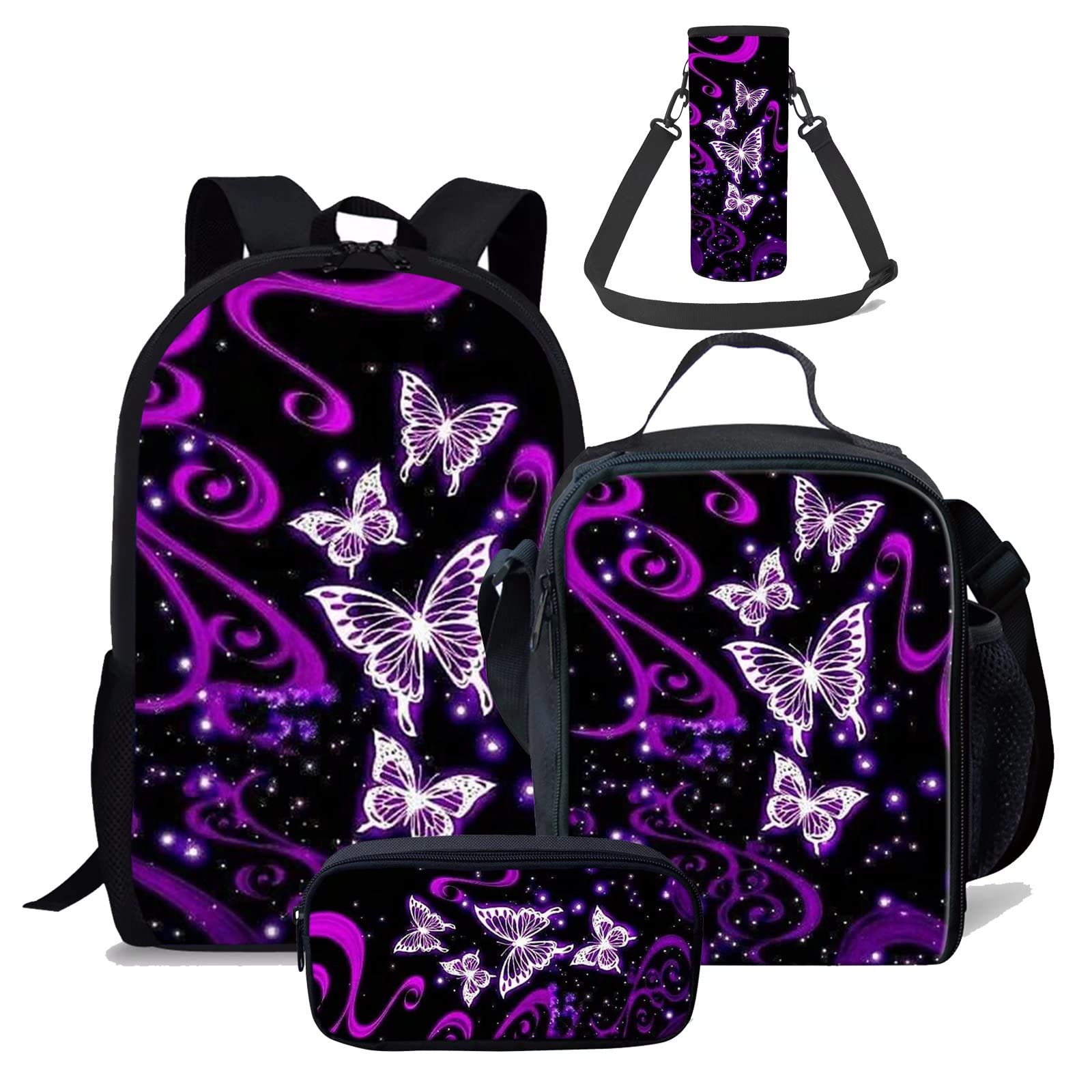 chaqlin Purple Butterfly Wolf School Backpack for Ladies Girls,Set of 4 Pack School Bookbags, Stationery Bag Pencil Holder,Insulated Lunch Bag,Water Bottle Cover — image 1