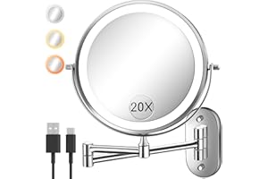 VPU Wall Mounted Makeup Mirror with Light, 20X/1X 8'' Double Sided LED Magnifying Bathroom Lighted Vanity Mirror with Magnification, 3 Color Light up Touch Dimmable Extended Arm 360 Rotation