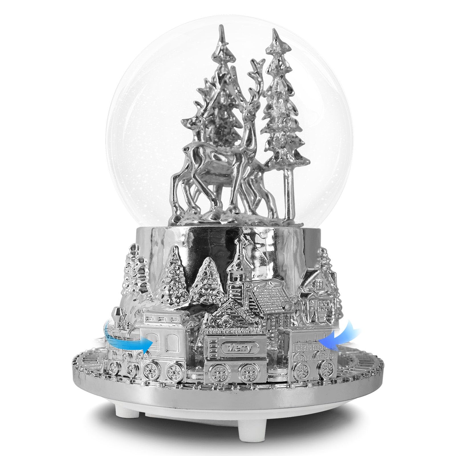 Hpoeude Musical LED Light Up Snow Globe with Rotating Train, Winter White Deer Christmas Decor, 7 Inch Height Cool Water Globe, Valentine's Day Gift for Women Adults