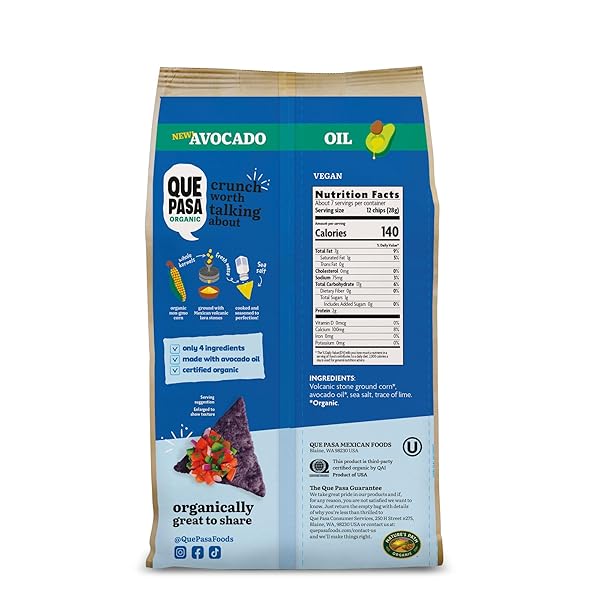 QUE PASA ORGANIC AVOCADO OIL BLUE CORN TORTILLA CHIPS, 7.5 OZ (PACK OF 1), GLUTEN FREE, NON-GMO, BY NATURE’S PATH