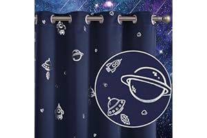 Vangao Navy Blue Kids Curtains for Boys Bedroom Space Theme Blackout Curtains for Kids Nursery Girls Room 84 Inches Length Silver Foil Print Drapes Grommet Top Window Treatments Set 2 Panels
