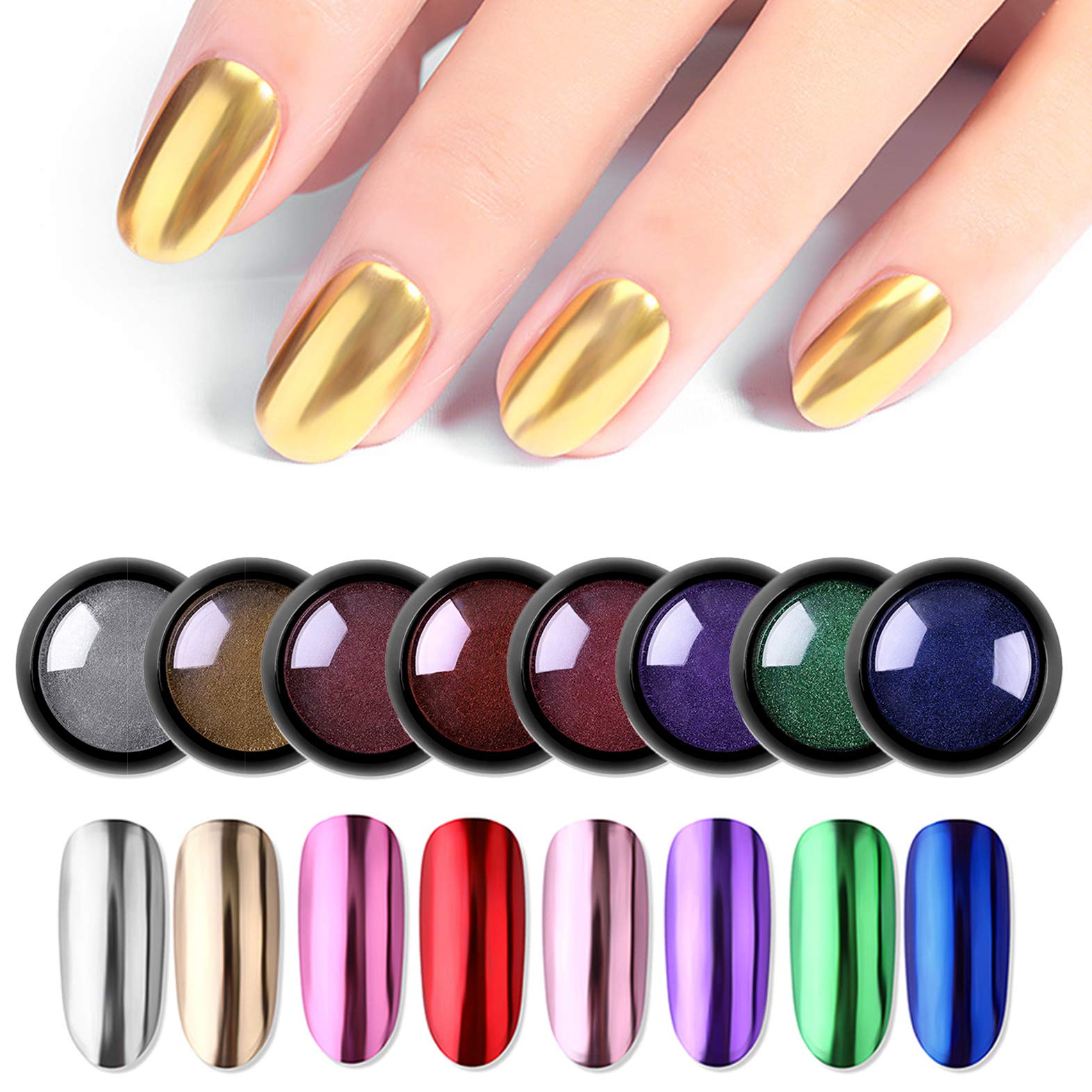 Jutao 8 Jars Holographic Nail Powder Mirror Effect Nail Art Powder for Women Metallic Chrome Nail Dipping Powder 8 Colors Manicure Pigment with 8 Pcs Eyeshadow Sticks