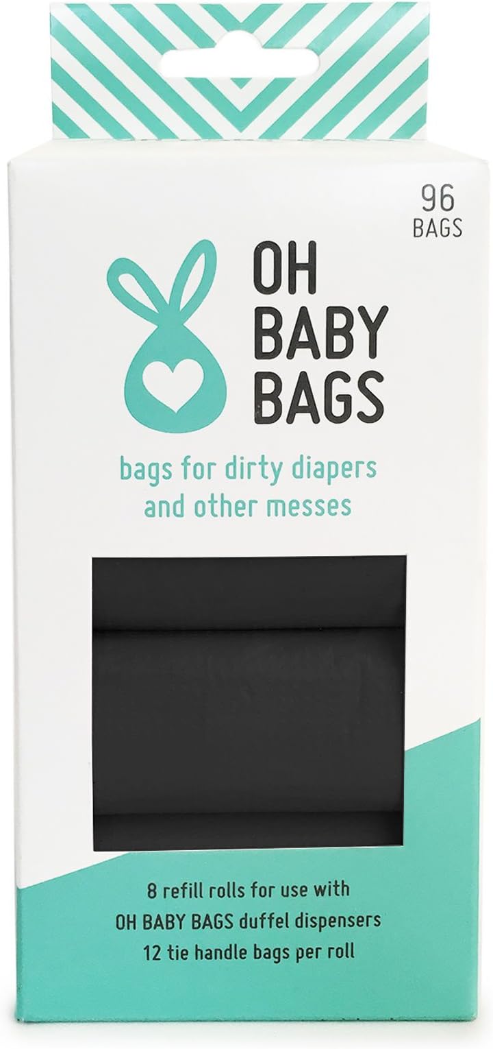 Oh Baby Bags Bulk Refill Box - Recycled Scented Disposable Plastic Bags for Dirty Diapers and Other Messes - Refills Only - 8 Rolls, 96 Bags Total - Black Unscented