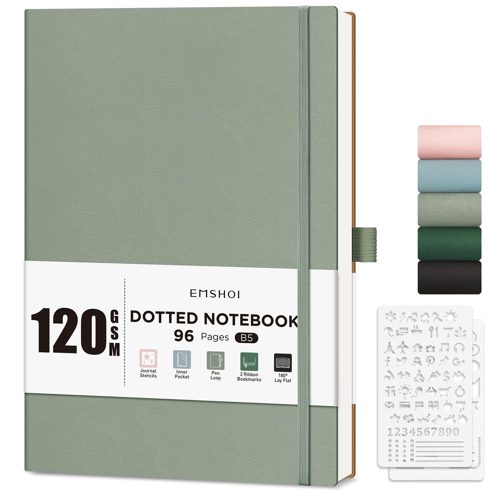 EMSHOI B5 Notebook Dotted Journal - 120gsm Thick Paper, 19.5 x 25.5 cm Large Dot Grid Notebook for Bullet Journaling with 96 Pages, Journal Stencils, Softcover Leather, Inner Pocket, Light Green