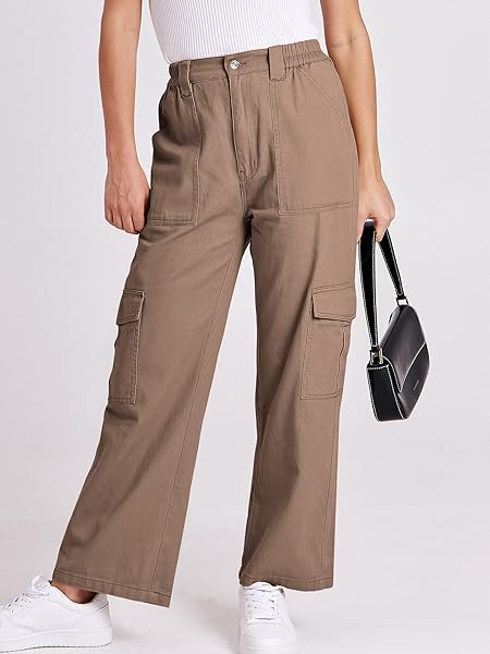 ANRABESS WOMEN’S CARGO PANTS HIGH WAISTED BAGGY MULTIPLE POCKETS CASUAL TRENDY FASHION RELAXED FIT Y2K TROUSERS BROWN SMALL