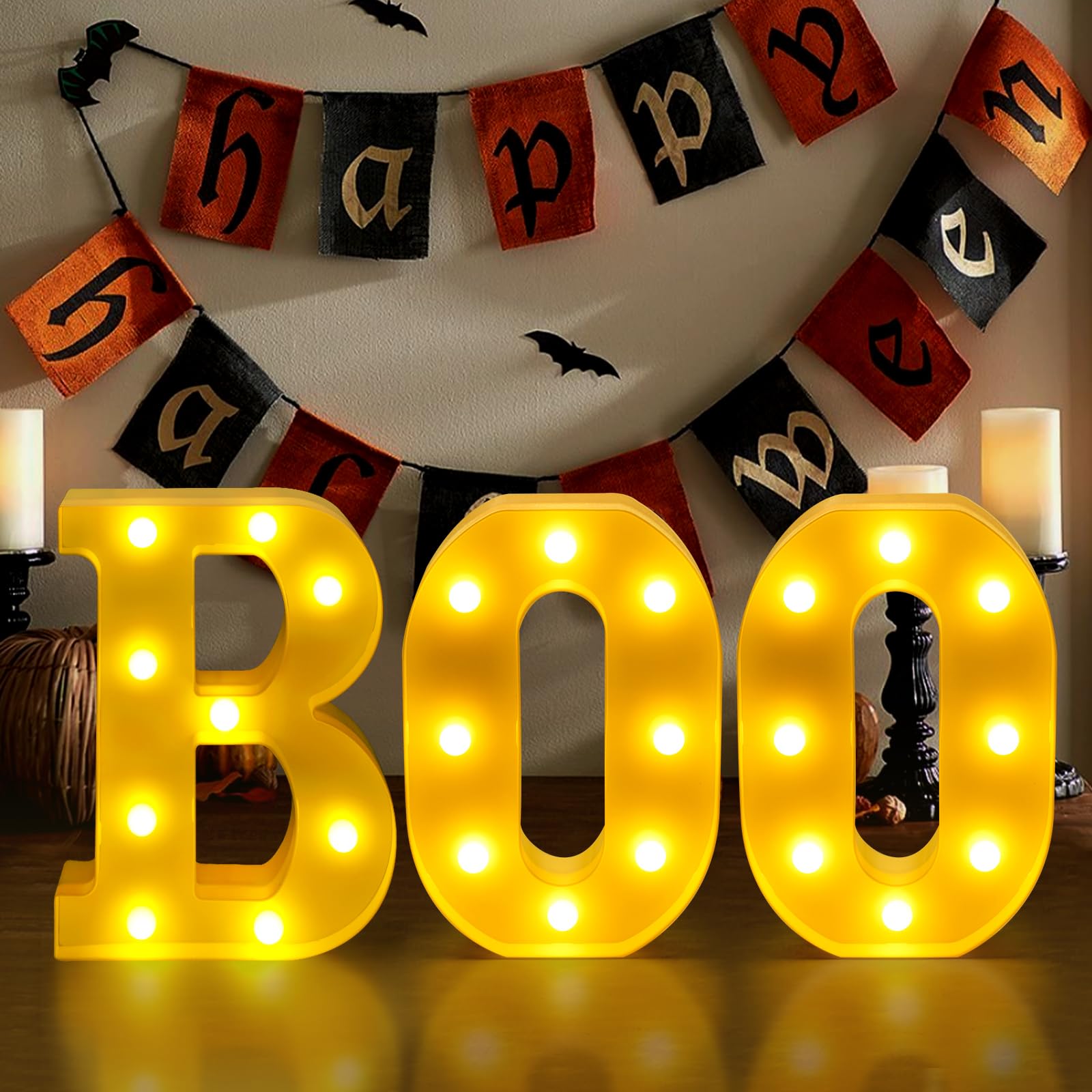 Photo 1 of DIYDEC Halloween Decorations-3 LED Marquee Light Up Letters Sign "BOO" Halloween Letter Lights for Home Indoor Kitchen Fireplace Party Table Decor Supplies