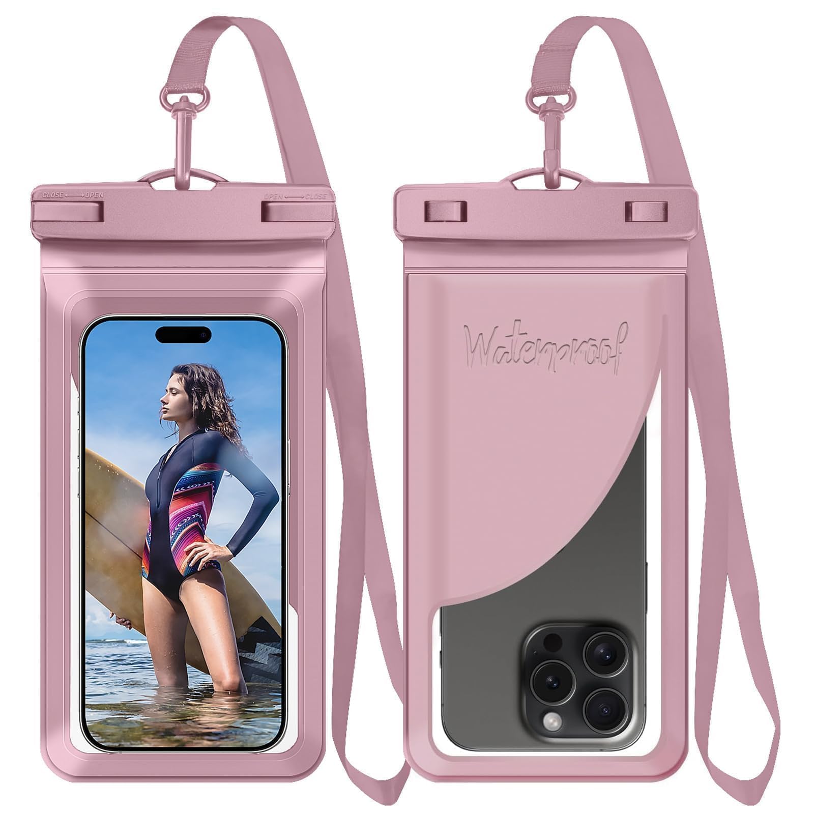 Photo 1 of Vsagier Waterproof Phone Pouch,with Inside Card Bag, Large Waterproof Case for iPhone 16 15 14 13 Pro Max,IPX8 Certified and Lightweigt Cellphone Dry Bag Beach Cruise Ship Essentials, 1 Pack-Pink-8.3?