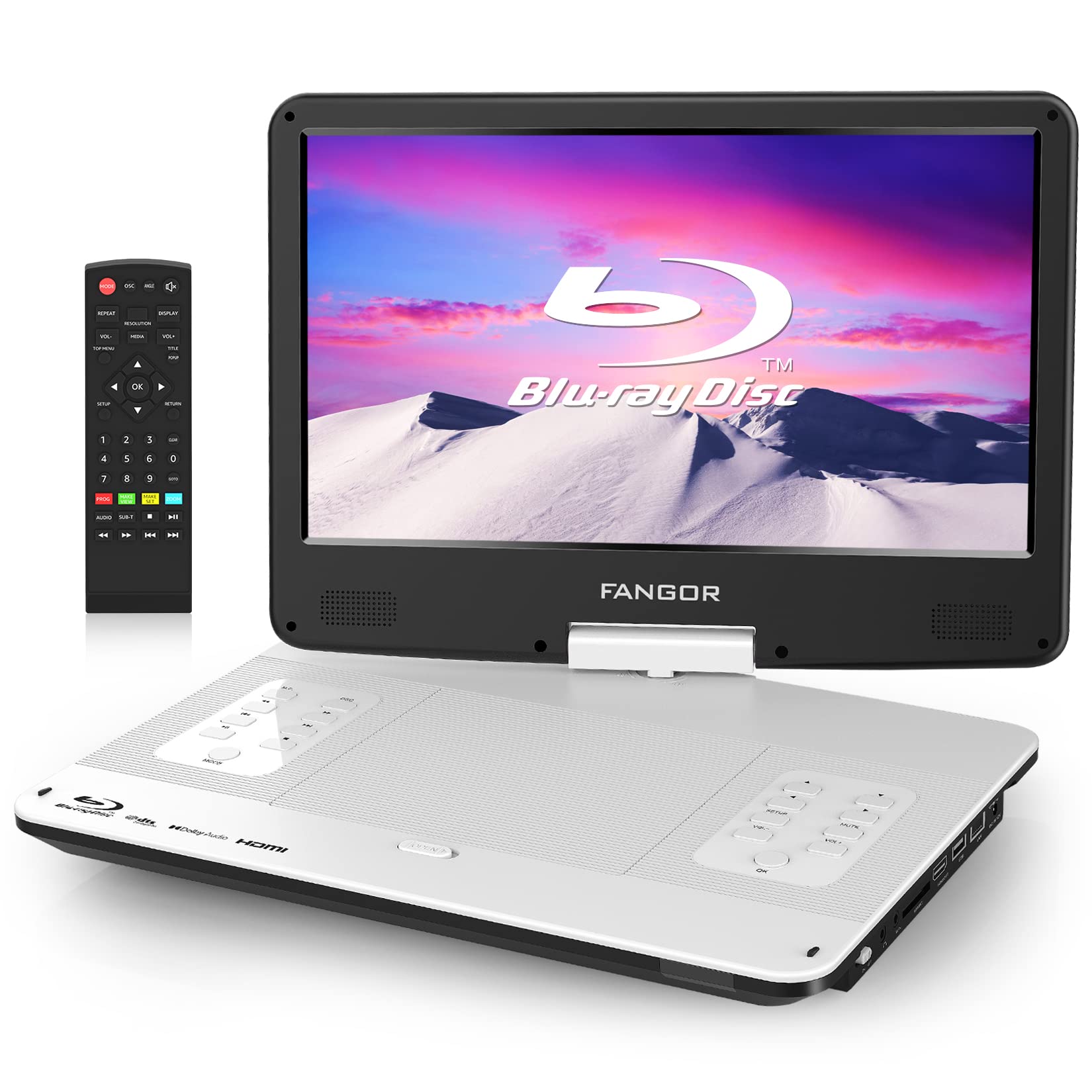 FANGOR ポータブルブルーレイプレーヤー 14.1インチ HDMI出力 270度回転式画面 充電バッテリー搭載 CPRM対応 途中再生 ３電源対応 3時間連続再生 日本語取扱説明書 ホワイト の商品画像