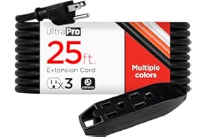 UltraPro 25 Ft Outdoor Extension Cord 3 Outlet Extension Cords Outlet Power Strip Long Extension Cord with Multiple Outlets Grounded Heavy Duty Extension Cord 16 Gauge UL Listed Black 36825-T1