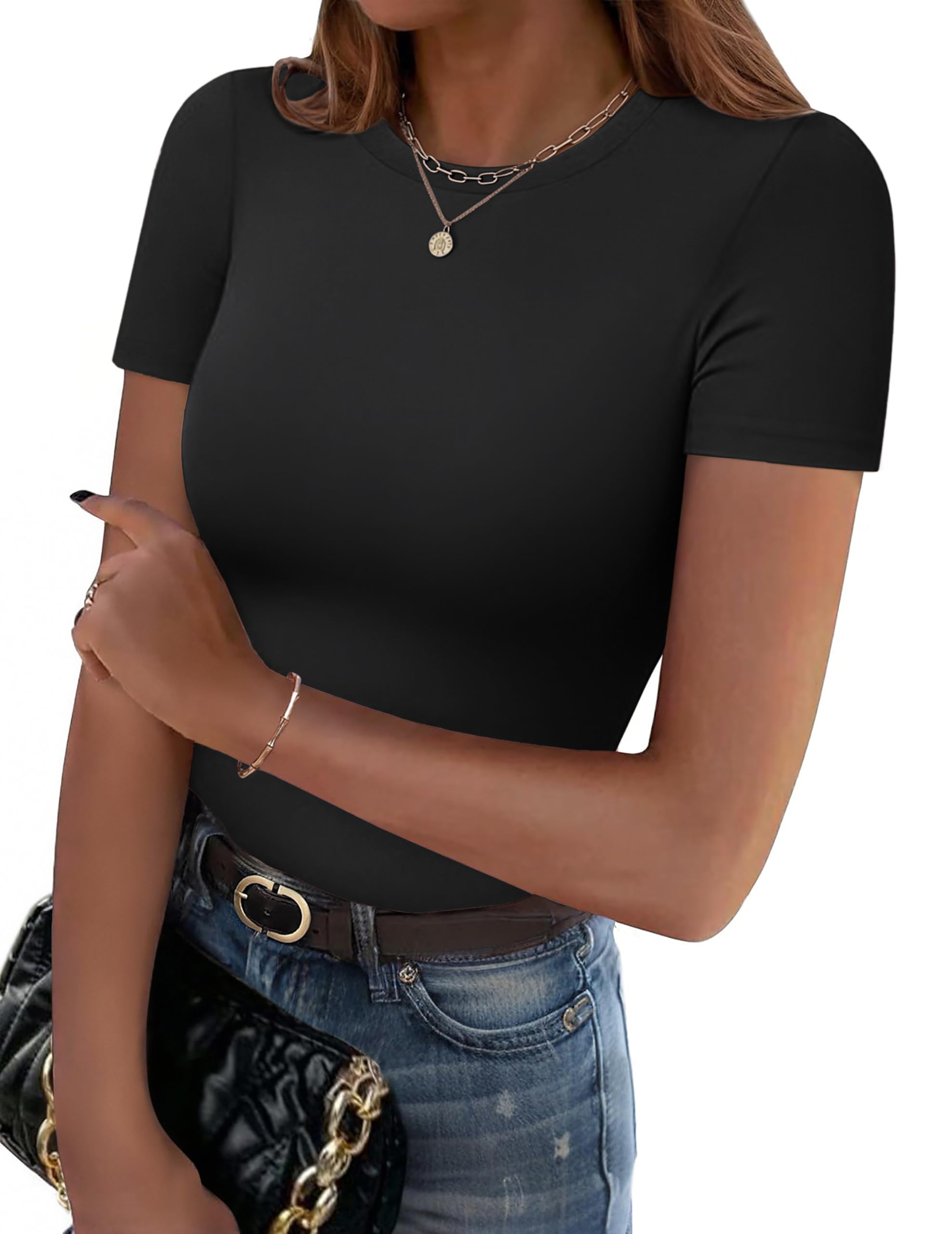 Photo 1 of Zeagoo Women Crewneck Slim Fitted Short Sleeve T Shirts Cute Stretchy Bodycon Basic Tee Tops A-Black