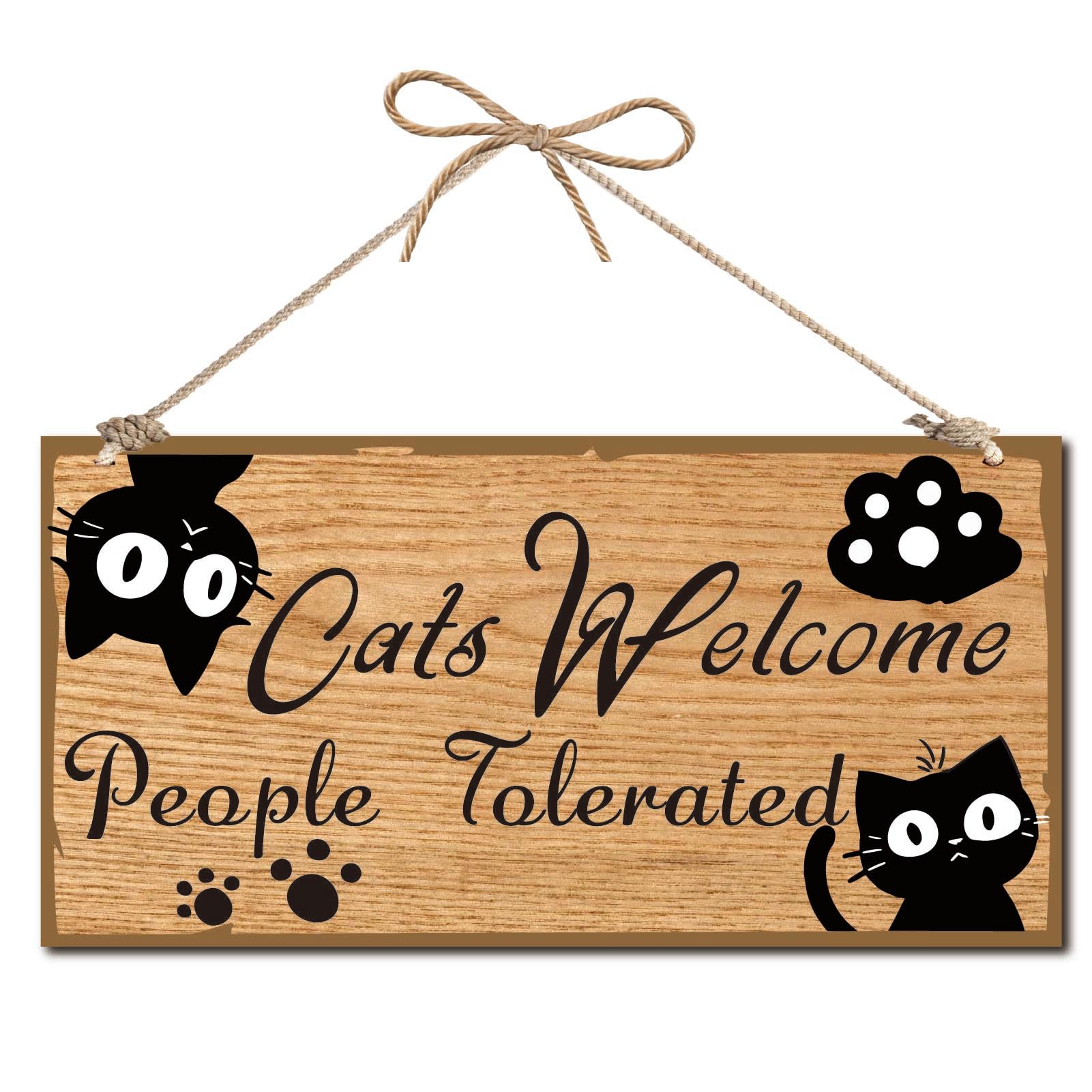 CREATCABIN Cat Welcome Sign Wooden Plaque Sign Black Cat Wall Decor Kitty Footprint Wooden Hanging Wall Sign Rustic Door Sign for Pet Shop Home Cat Lover Gifts 12x6Inch-Cats Welcome People Tolerated