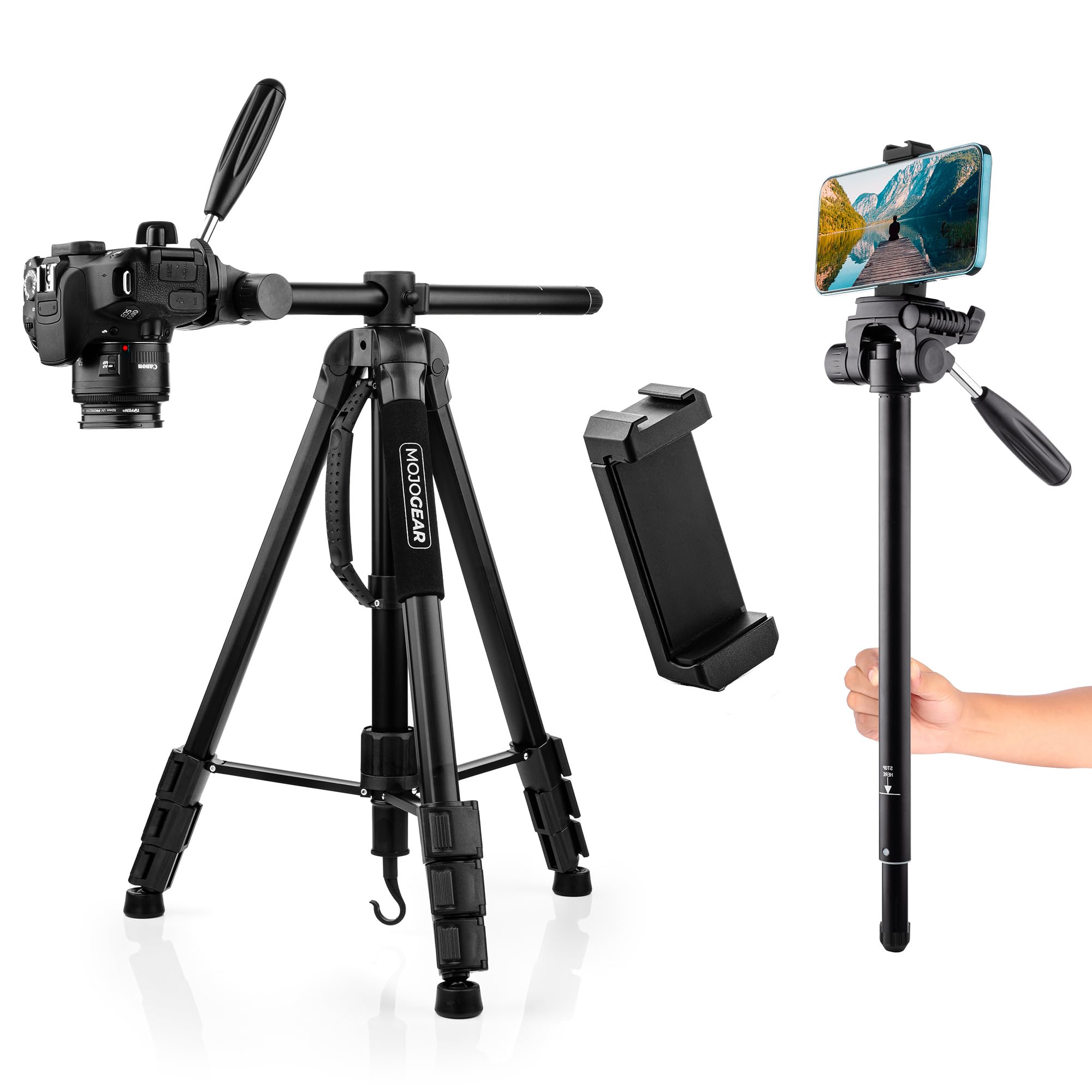 MOJOGEAR 179cm 3-in-1 Tripod: Tripod, Monopod & Horizontal Arm for Top Shots - with Phone Holder and Tripod Carrying Bag - Large Tripod for Smartphone Phone and Camera - Smartphone Tripod - Black