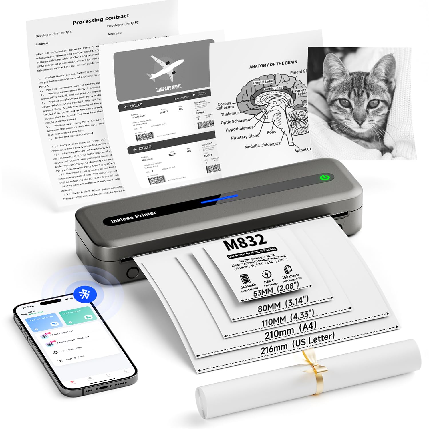 Itari Thermal Portable Printer A4, Wireless, Bluetooth, 300 Dpi, Small Inkless Mobile Printer for Home Use, Compatible with iOS, Android, Windows, & Mac, With Thermal, Grey