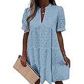 Imily Bela Womens Summer Lace Dresses Eyelet Casual Flowy Babydoll Swing Short Sleeve V Neck Tunic Dress