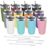 Amtidy 16 Pack 20oz Stainless Steel Tumbler with Lid, Powder Coated Vacuum Insulated Tumbler Cup, With straw and cleaning brushDouble Wall Coffee Tumbler, Powder Coated Travel Mug