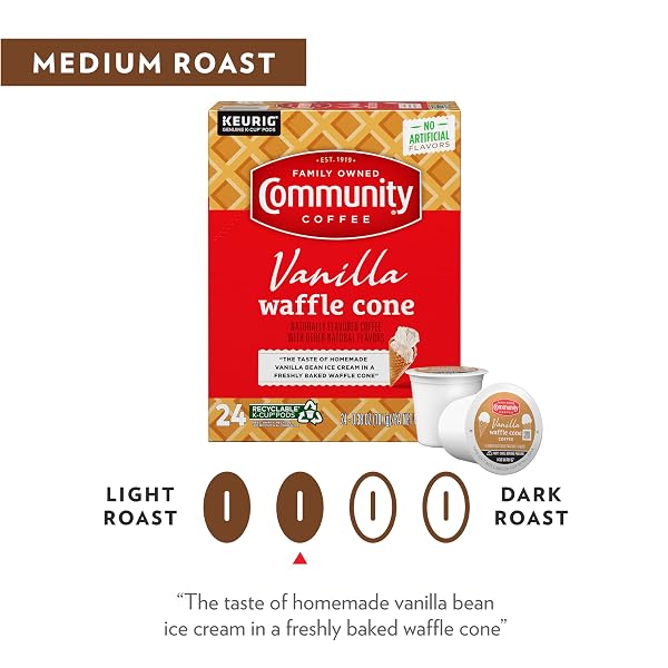 COMMUNITY COFFEE VANILLA WAFFLE CONE ICE CREAM FLAVORED, 24 COUNT COFFEE PODS, COMPATIBLE WITH KEURIG 2.0 K-CUP BREWERS, 24 COUNT (PACK OF 1)