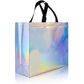cabzymx 25 Pcs Iridescent Glossy Reusable Gift Bags with Handles & Sturdy Bases, 12.6x4.7x11 In Holiday Party Gift Bags Bulk for Birthday, Wedding, Xmas, Thanksgiving