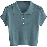 SweatyRocks Women's Collar Half Button Short Sleeve Striped Crop Top T-Shirts