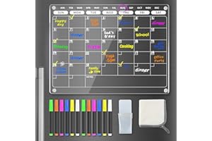 PigPotParty Acrylic Magnetic Calendar for Refrigerator, 16" x 12" Clear Calendar for Fridge, Acrylic Monthly Magnetic Wet Erase Board, includes 12 Colorful Markers/Towel/Pen Holder