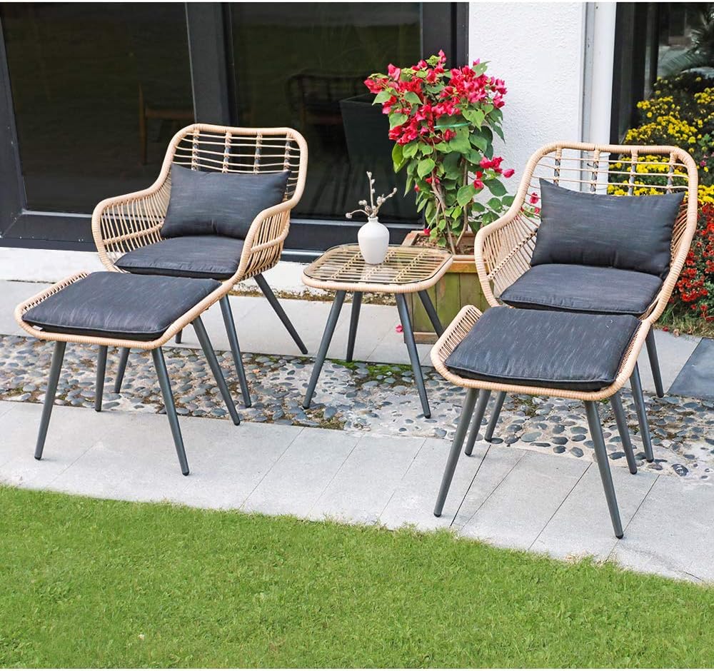 Amazon Com Joivi 5 Piece Outdoor Patio Furniture Set Pe Rattan Wicker Small Patio Set Porch Furniture Cushioned Patio Chairs With Ottomans And Side Table Garden Outdoor