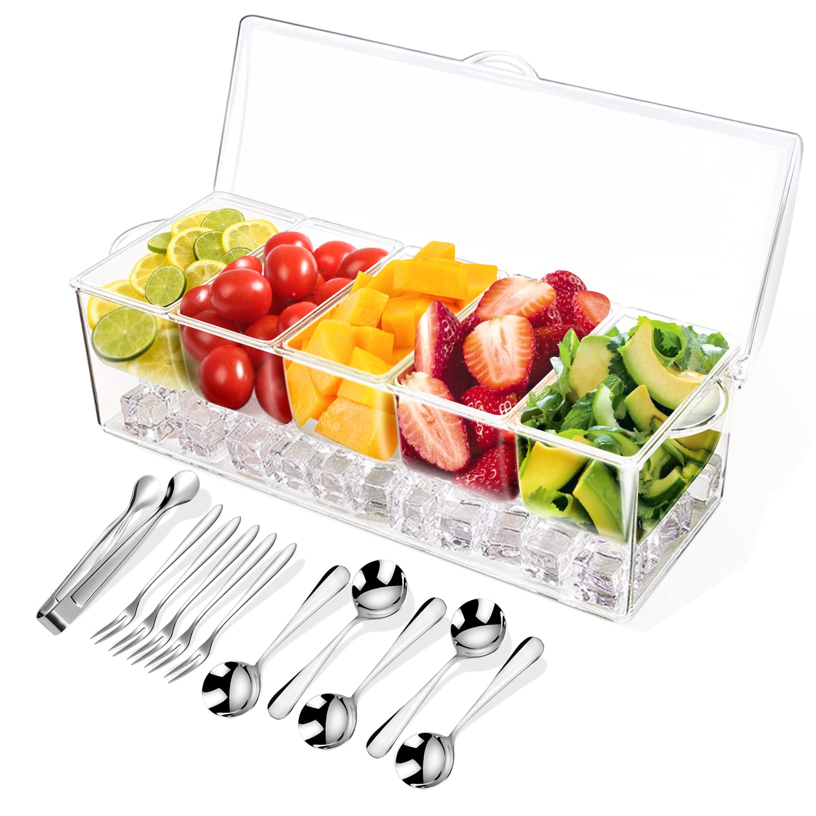 chilled condiment server tray with lidded compartments and stainless tableware