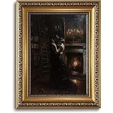 LHHJDIO Vintage Gold Framed Wall Art Dark Academia Couple Canvas Wall Art Gothic Library Couple Scene Pictures Wall Decor Elegant Moody Art Prints for Living Room Bedroom Study
