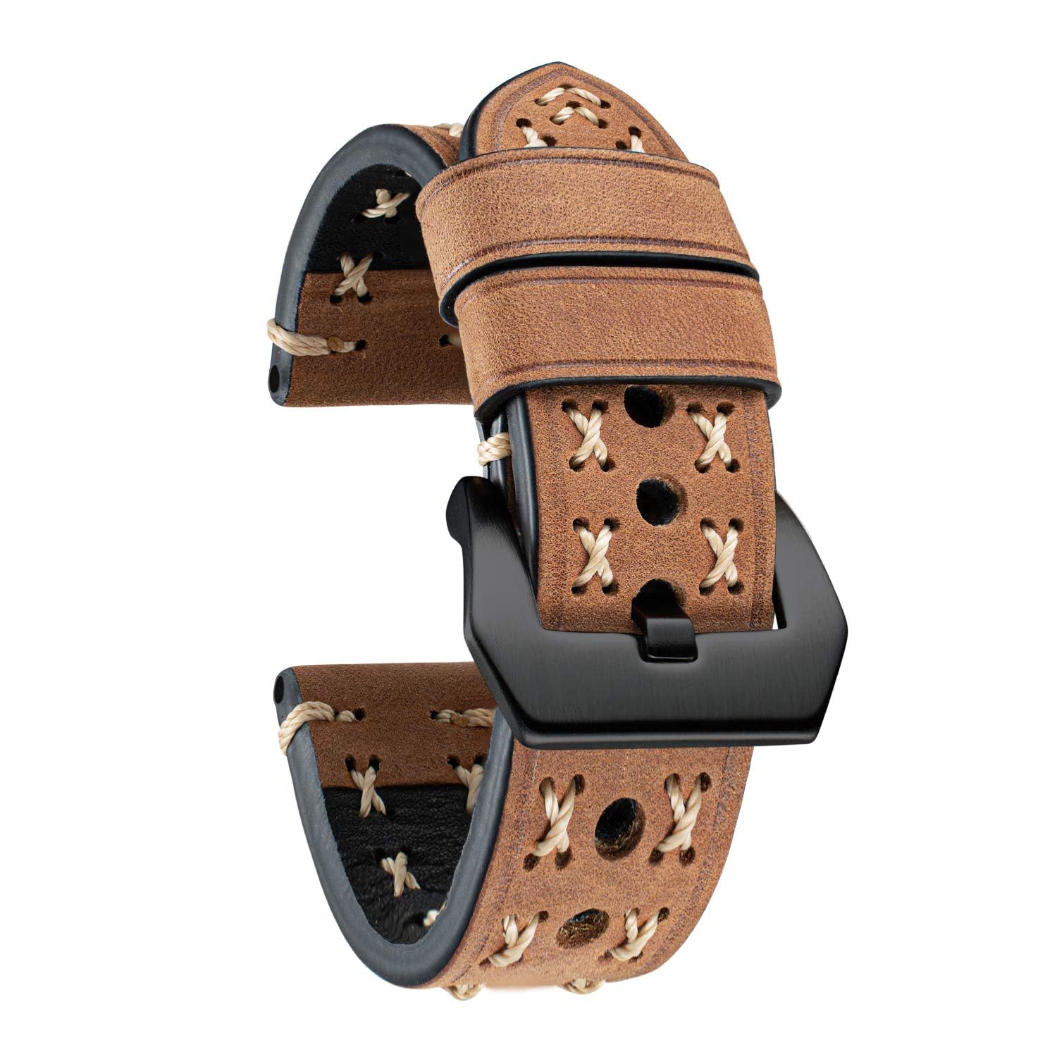 BINLUN Leather Watch Strap for Men Retro Handmade Leather Watch Band 20/22/24/26MM Replacement Thick Vintage Watch Straps, Orange/Black Buckle,22mm