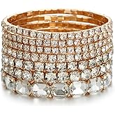 Winssigma 7 PCS Crystal Stretch Bracelets for Women, Bridal Wedding Stackable Layered Rhinestone Bracelets Set Evening Party Jewelry