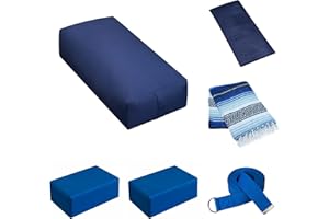 Sunshine Yoga 6-Pack Restorative Yoga Kit, 1 Yoga Bolster (24" x 12" x 6"), 2 Yoga Blocks (4" x 6" x 9"), 1 6ft D-Ring Yoga Strap, 1 Mexican Yoga Blanket, and 1 Unscented Sateen Eye Pillow