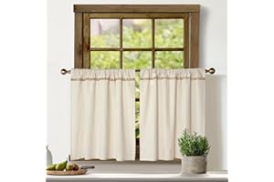 OINDEC Cotton Linen Kitchen Curtains for Windows with Burlap Lace Trim Rustic Farmhouse 24 inch Rod Pocket Neutral Short Curtain Window Treatment Tiers,Set of 2