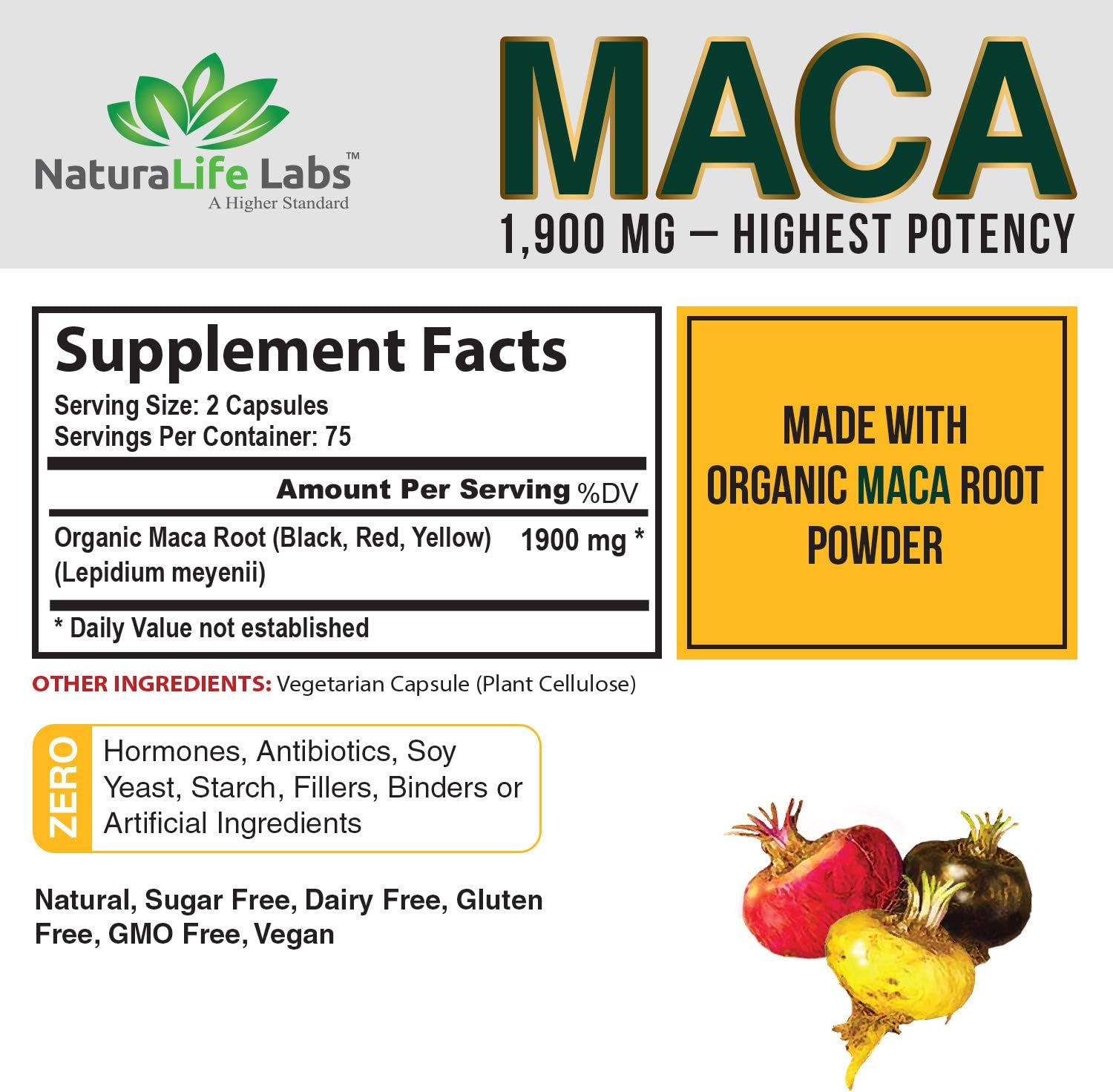 Organic Maca Root Black, Red, Yellow 1900 MG per Serving - 150 Vegan Capsules Peruvian Maca Root Gelatinized 100% Pure Non-GMO Supports Reproductive Health Natural Energizer: Health & Personal Care