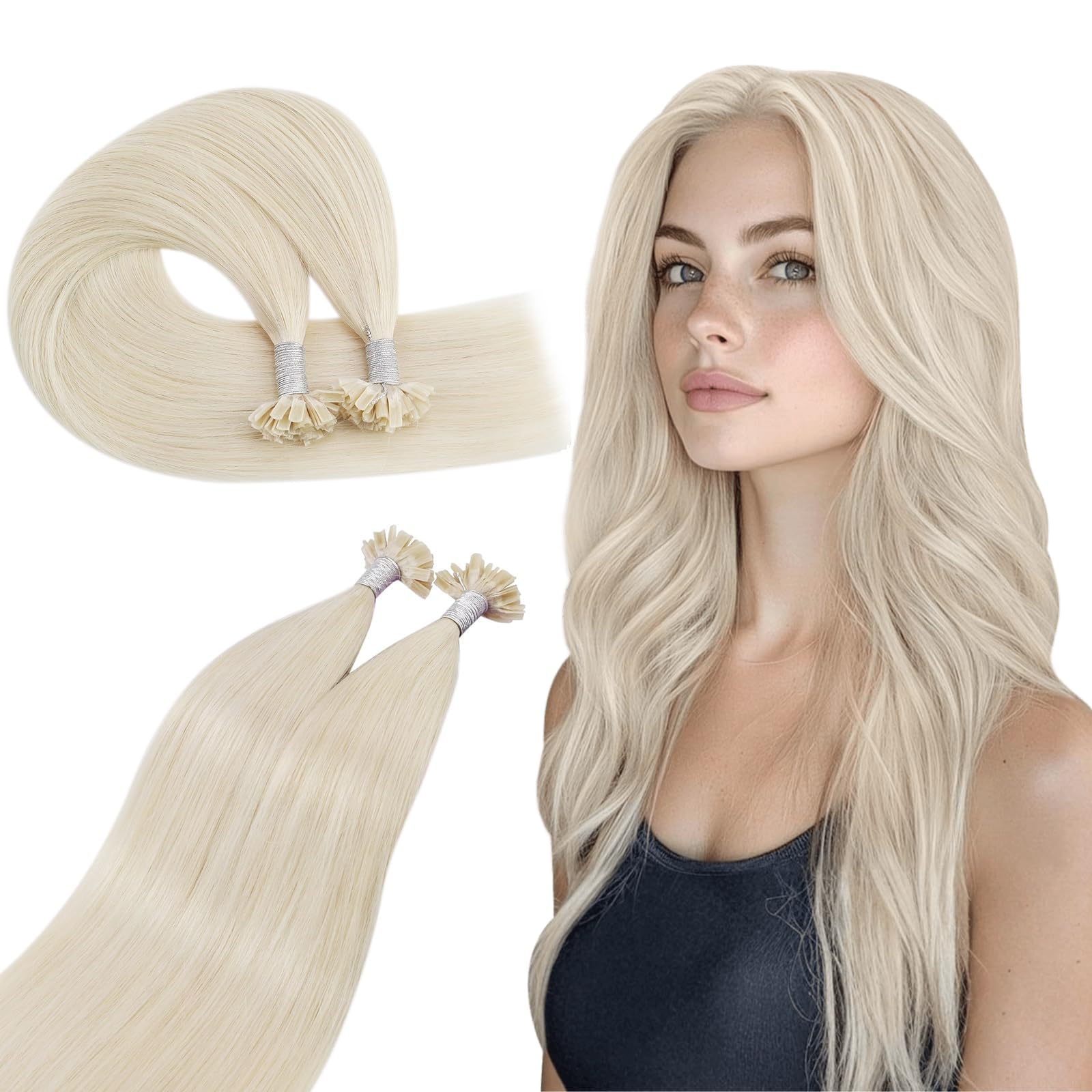 Ugeat 24 Inch U Tip Human Hair Extensions Platinum Blonde Keratin Human Hair Extensions Blonde Remy Utip Bond Hair for Women to Add Length 50G 50S
