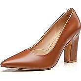 Trary Heels for Women Closed Pointed Toe Chunky Pumps Shoes Women Block High Heels Comfortable Slip-On Dress Office Party Wedding Shoes 3.54" Heel