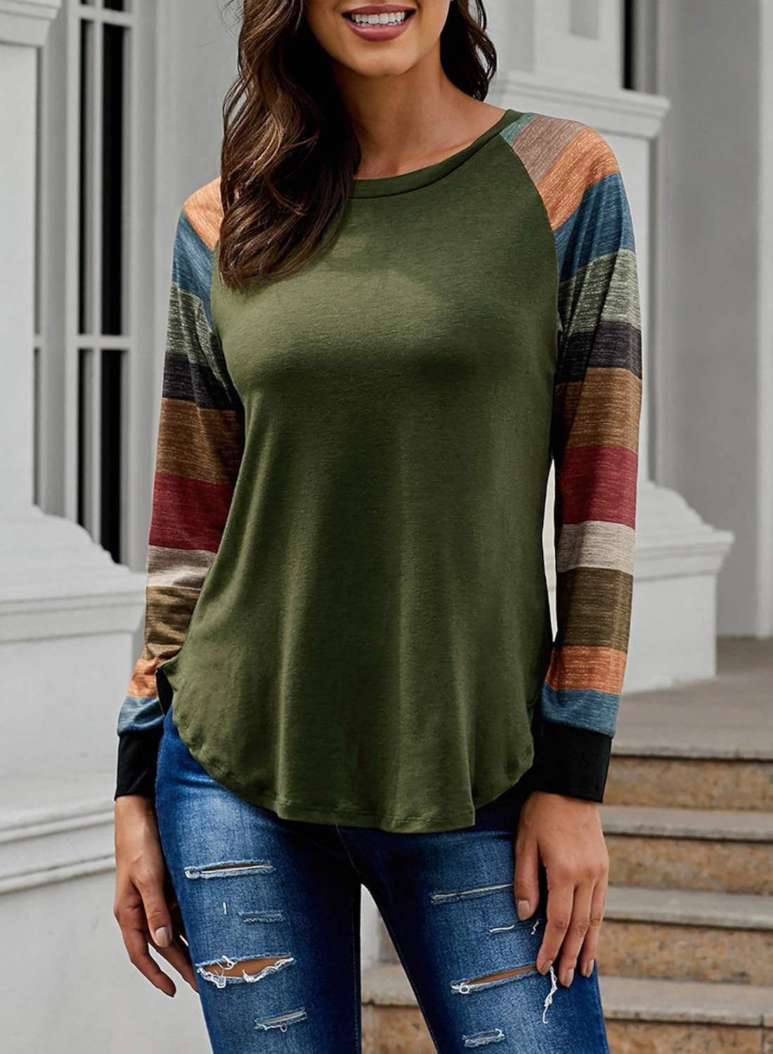 Malaven Womens Casual Color Block Long Sleeve Pullover Tops Loose Lightweight Tunic Shirt at  Women’s Clothing store