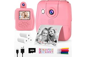 GKTZ Kids Camera Instant Print - 1080P HD Instant Print Photo - Christmas Birthday Gifts for Age 3-8 Girls Boys - Portable Toy with 3 Rolls Photo Paper, 5 Color Pens, 32GB Card (Pink)
