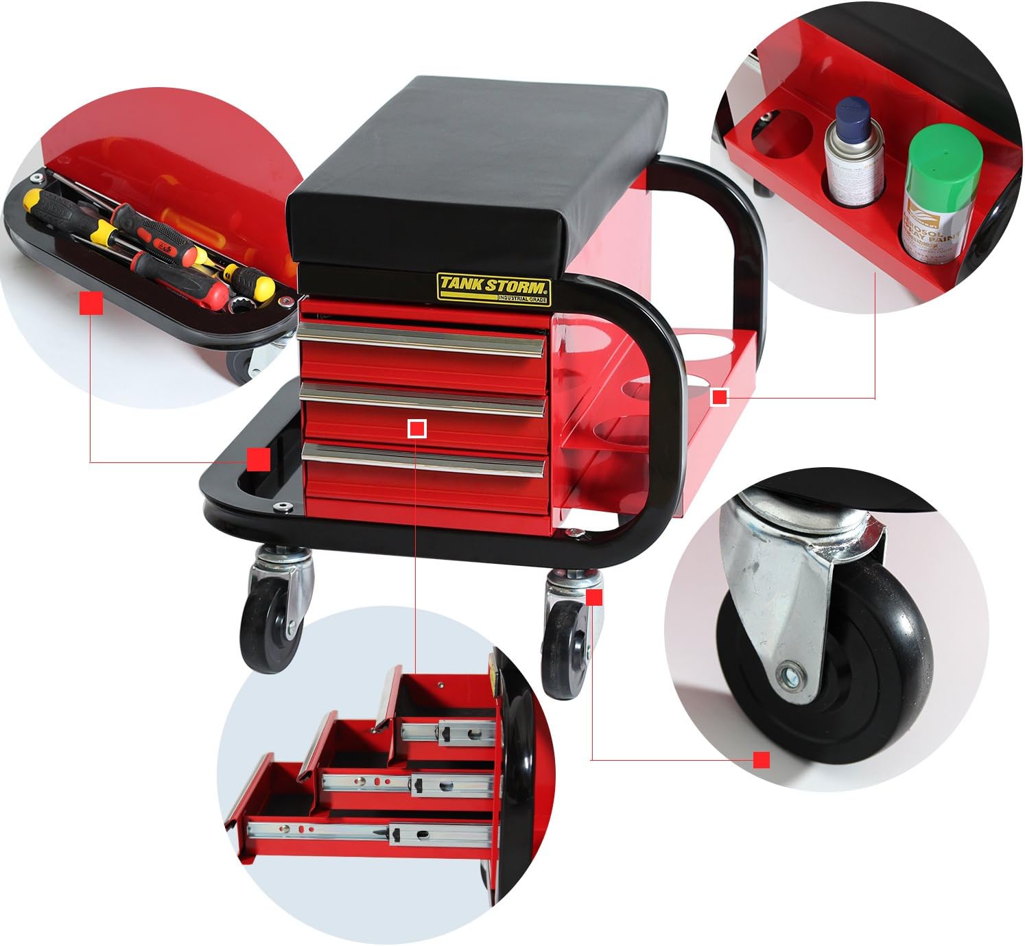 TANKSTORM Tool Box Built-In Creeper Seat, Garage Shop Roller Seat, 3 Drawers Heavy Duty Tool Chest With 4 Rolling Casters-350 Lbs Capacity: Automotive