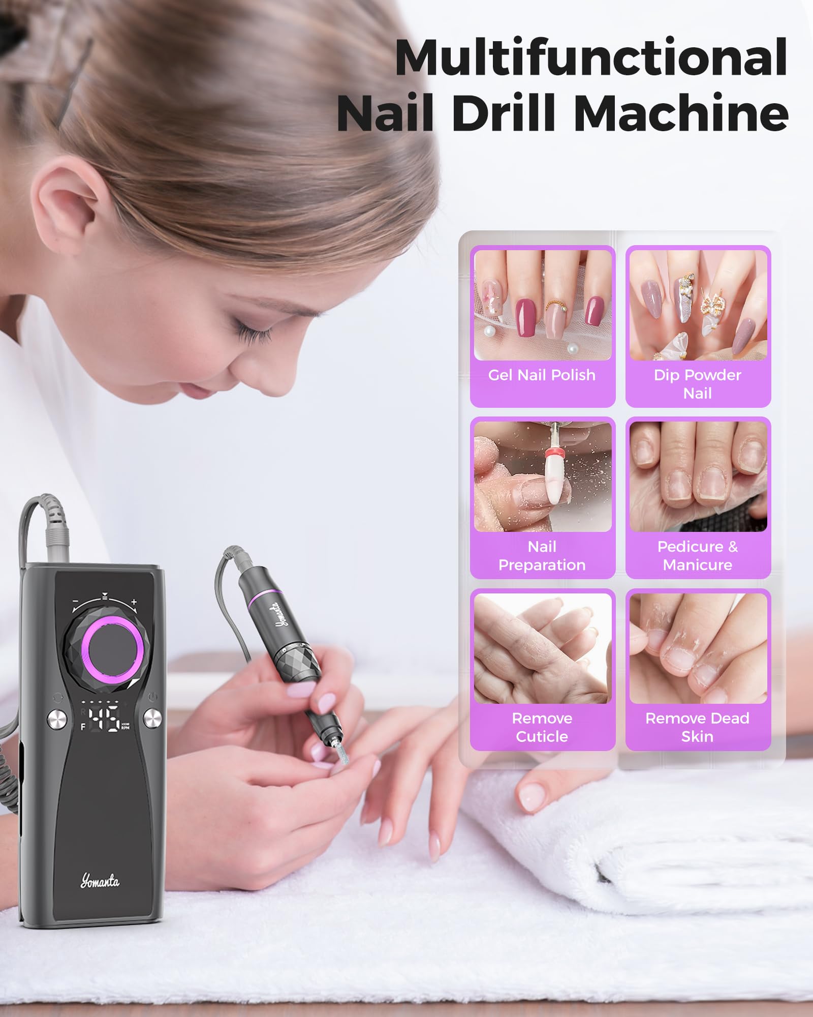 Yomanta Electric Nail Drill Professional Kit: 45,000 RPM USB Rechargeable Efile Nail Drill Nail File with 12 Bits for Polishing Gel/Acrylic Nails- Portable Manicure Tool Set for Salon/Home-Black - Image 2