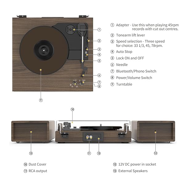 VINYL RECORD PLAYER WITH DUAL STEREO BOOKSHELF SPEAKERS VINTAGE TURNTABLE WITH BLUETOOTH WIRELESS PLAYBACK BELT DRIVE 3-SPEED PLAYBACK RECORD PLAYER SUPPORT RCA OUT AUTO STOP