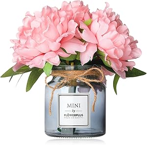 MISBEST Artificial Flowers with Vase, Fake Peony Flowers Bouquet,Faux Flower Arrangements for Home Decor