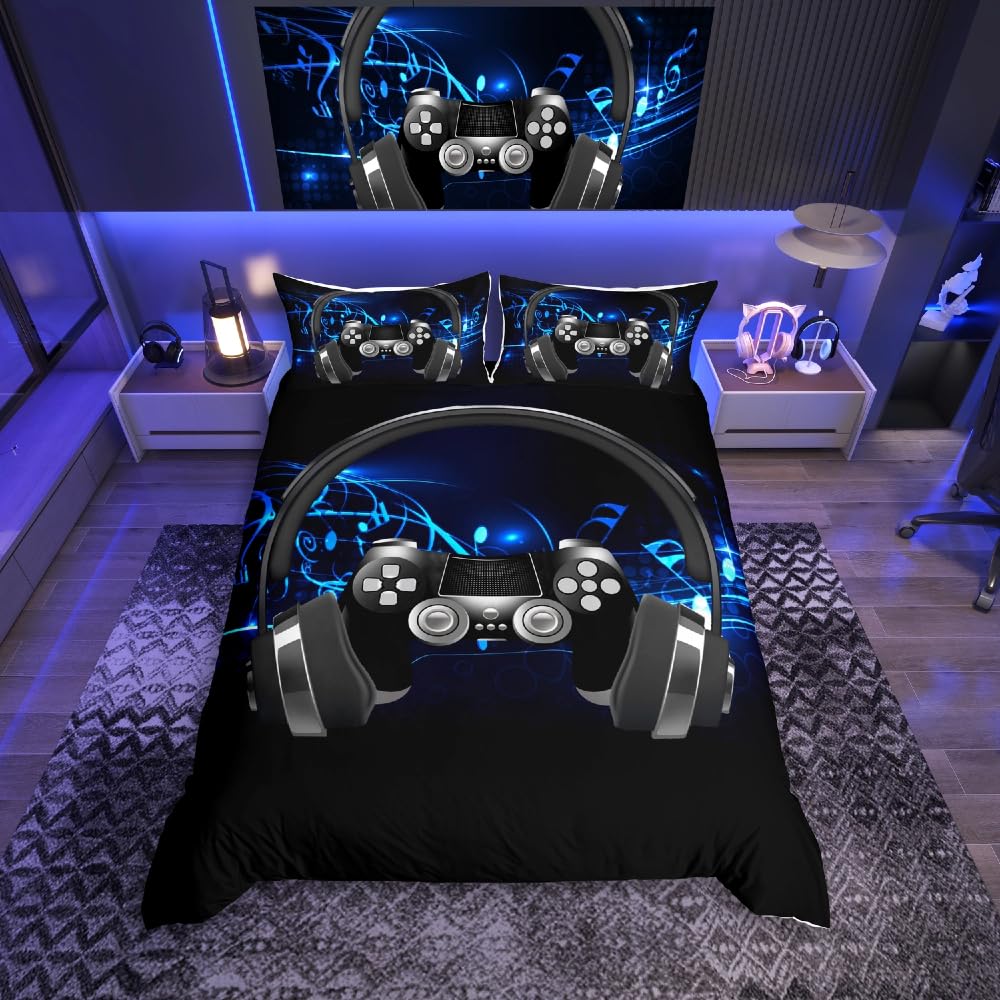 Loussiesd Headphone Gamepad Bedding Set Note Melody Music Duvet Cover Kids Boys Teens Video Game Gamepad Comforter Cover Game Controller Bedspread Cover Bedroom Collection 2Pcs Single Size,Black — image 1