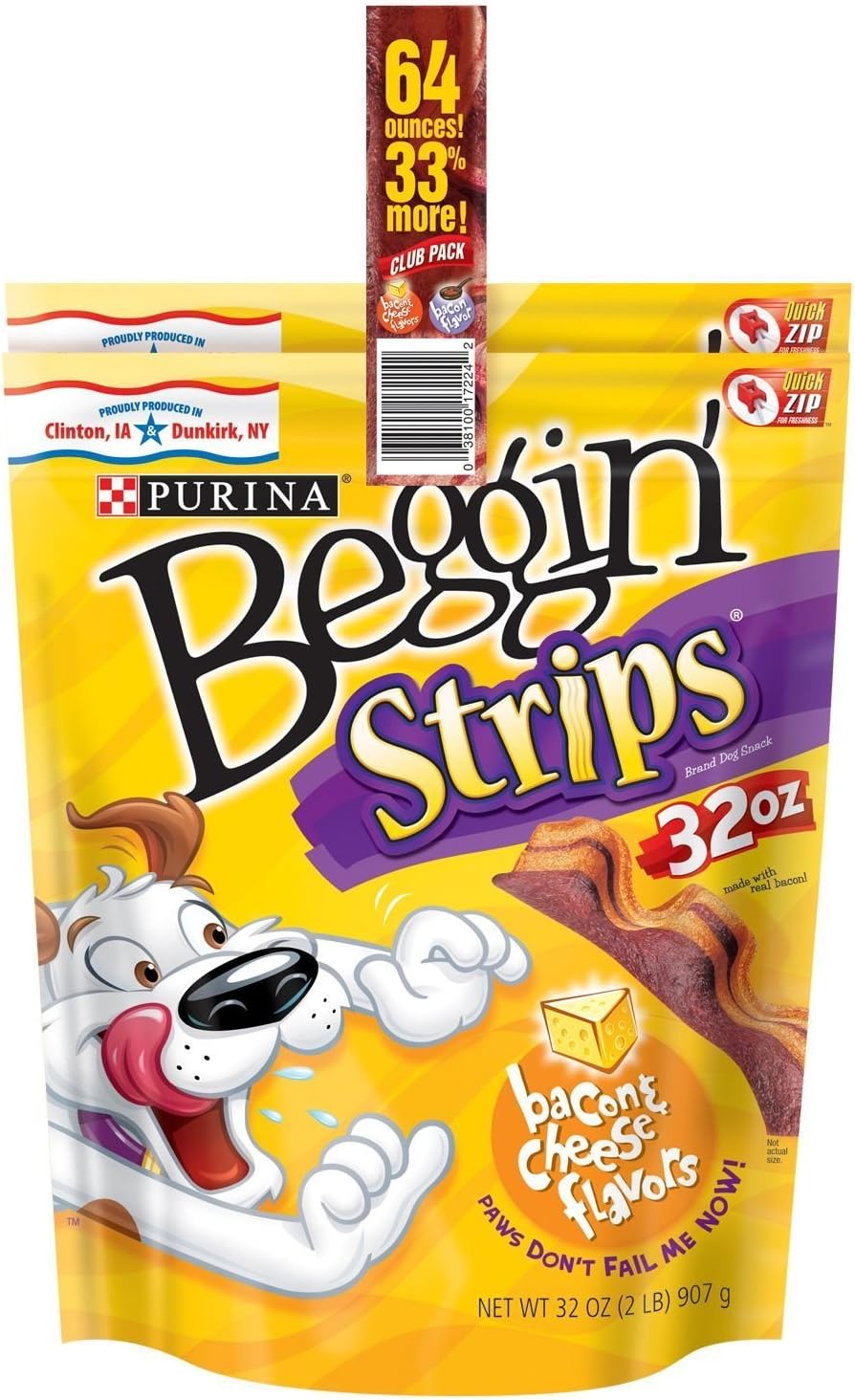 Beggin' Strips Dog Treats By Purina Bundle of 2 Lg. Bags (1) Bacon & (1) Bacon and Cheese 2 lbs. Each