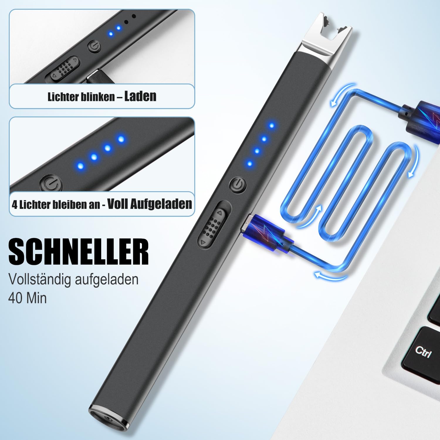 LcFun Lichtbogen Feuerzeug Elektrisch, Typ C Aufladbar Elektrisches Feuerzeug, Winddicht Lang Stabfeuerzeug USB Aufladbar, Plasma Feuerzeuge für Küche Herd Camping, Kamin Feuerwerk (Schwarz) 4