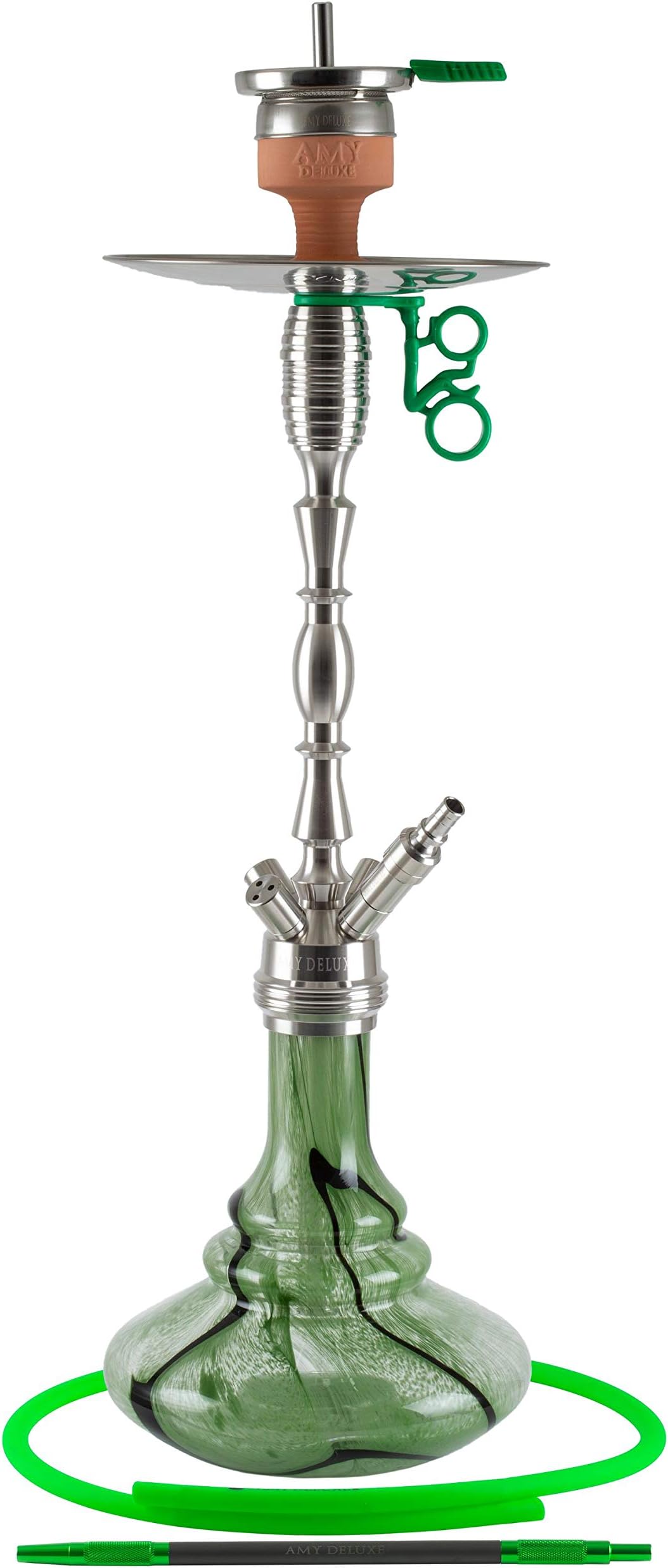 Amy Deluxe Shisha SS08 Hammer Steel 83 cm Green Stainless Steel Hookah with Click, Chamber System and Hot-Screen Chimney Head Set