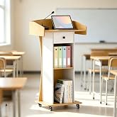 Suuiwau Portable Podium Stand with Metal Wheels, Rolling Podium with Drawer and Adjustable Shelf, Mobile Pulpit for Church, Wooden Lectern for Classroom Office Restaurant Conference (Oak White)