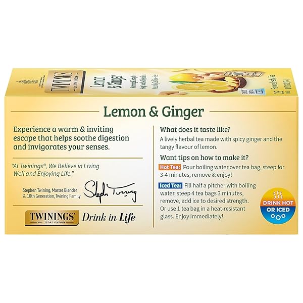 TWININGS OF LONDON LEMON & GINGER HERBAL TEA BAGS, 25 COUNT