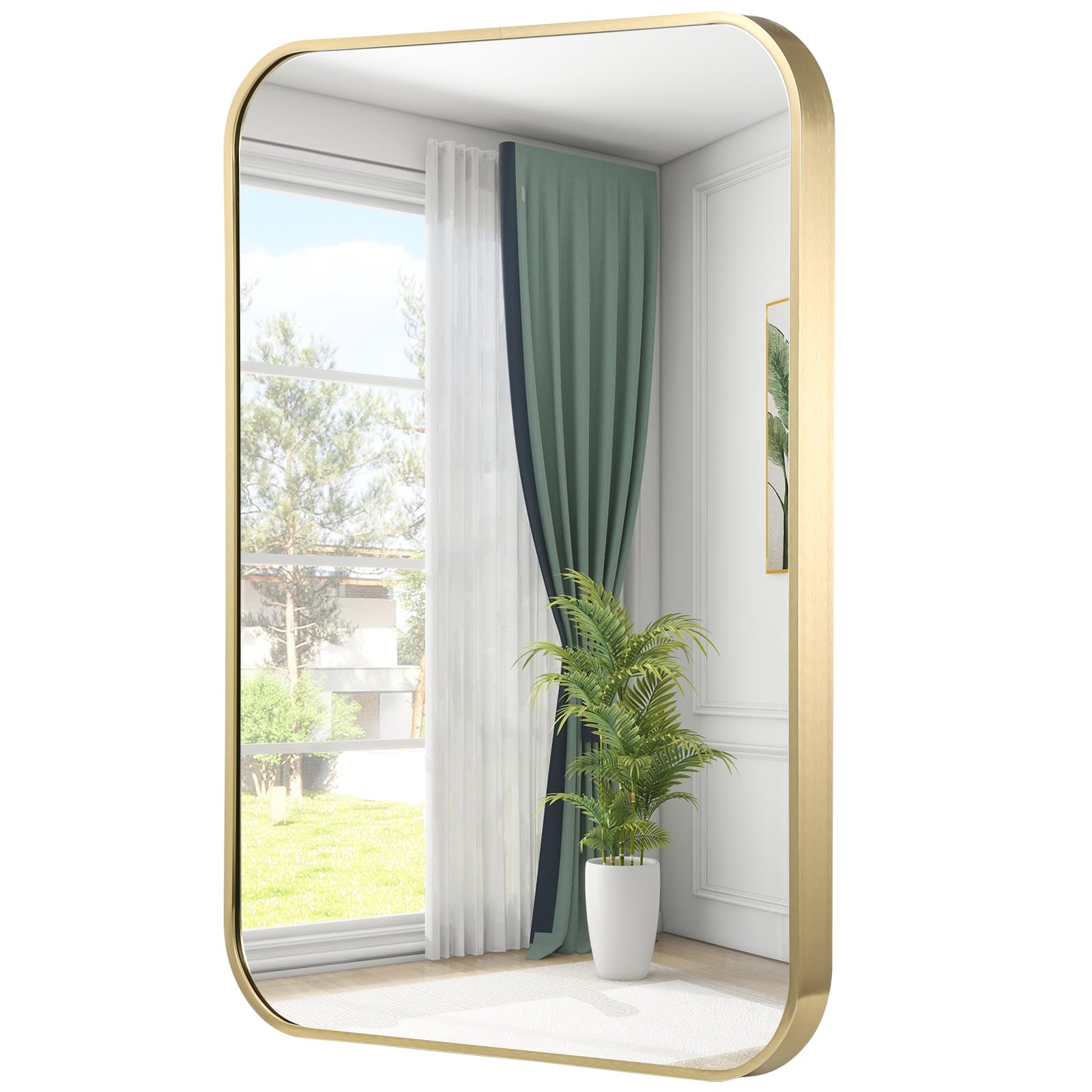 Photo 1 of JENBELY 22x30 Inch Gold Bathroom Mirror, Brushed Gold Metal Framed Rectangular Mirror with Rounded Corner, Bathroom Vanity Mirror for Bedroom or Living Room, Horizontal/Vertical