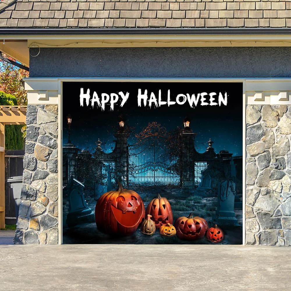 Garage Door Decorations - FINGUOLA 7 Ftx 8 Ft Halloween Garage Door Cover Banner, Pumpkin Ghost Pumpkin haunted house Halloween Outdoor Party,Garage Door Decorations, Garage Door Mural