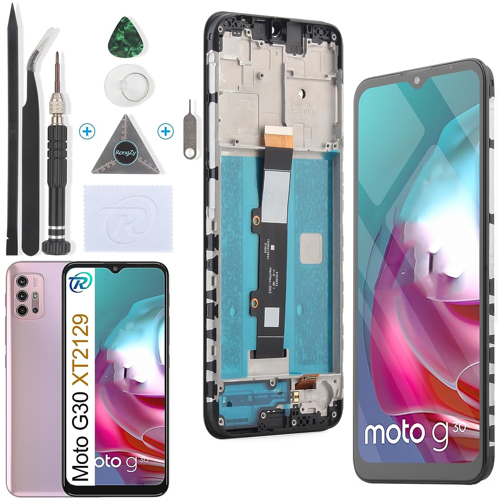 RongZy For Motorola Moto G30 XT2129-2 LCD Screen Replacement for Motorola Moto G30 XT2129-2 Touchscreen Digitizer Display with Tools (Black, with Frame)